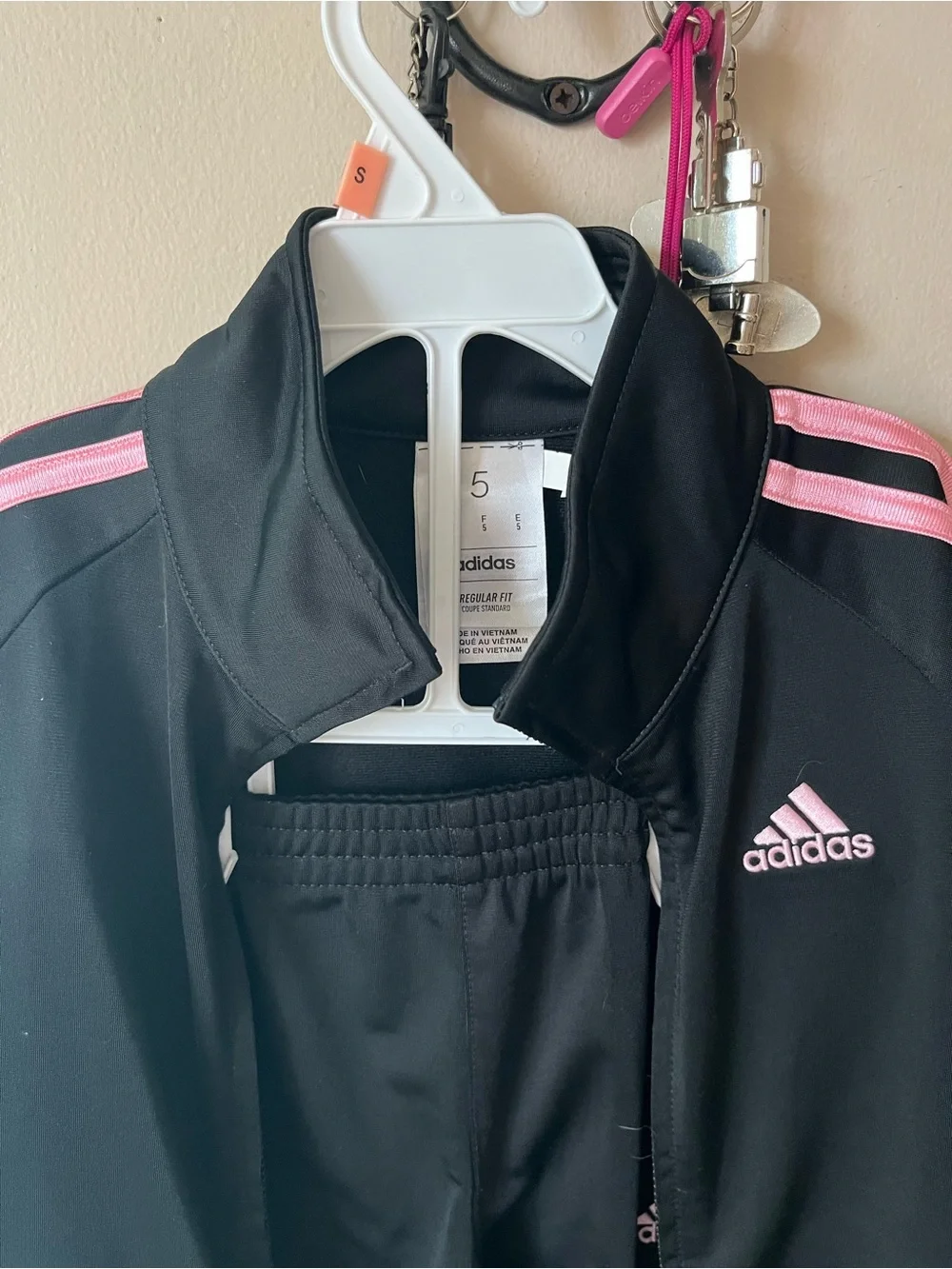 Girls Pink Adidas Kids Black Track Jacket & Pants Set with Pink Stripes
